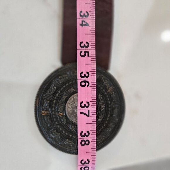 Chicos Small Genuine Leather Belt Aztec Medallion Buckle Brown Beaded - Picture 11 of 15